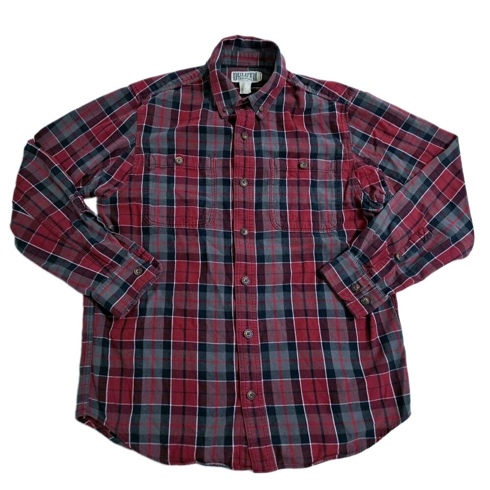 Duluth Men's Large Flannel Plaid Trim Button Up Shirt Red Black Gray Lumberjack